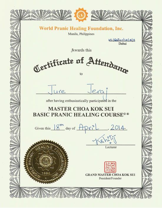 Certifikat L1 Pranic Healing NA TEČAJU PREJMETE MEDNARODNI CERTIFIKAT